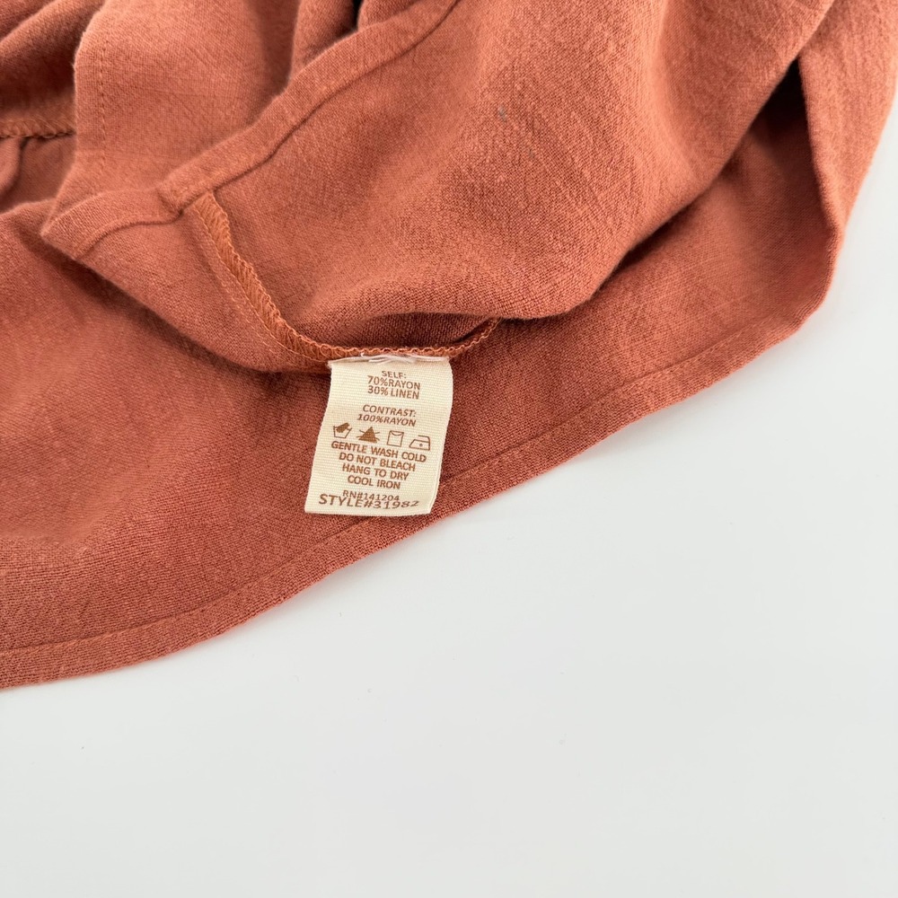 HEM & THREAD Linen Blend Tie Strap Ruffle Mini Dress Rust Large New With Tags - Picture 9 of 11